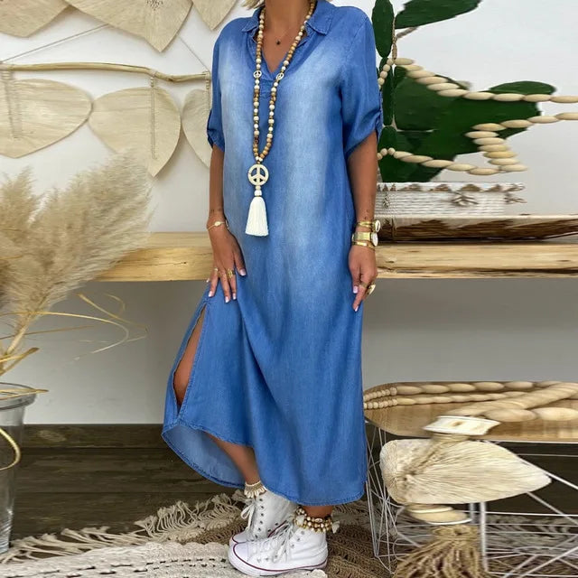 Lea™ | Lang jurkje in denimlook met split aan de zijkant