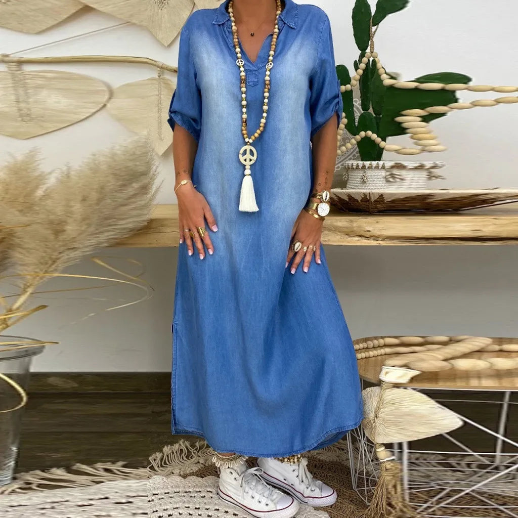 Lea™ | Lang jurkje in denimlook met split aan de zijkant