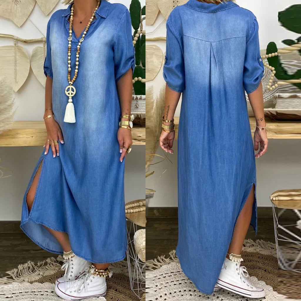 Lea™ | Lang jurkje in denimlook met split aan de zijkant