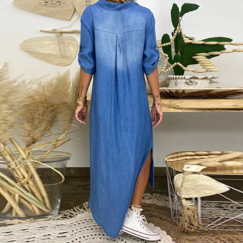 Lea™ | Lang jurkje in denimlook met split aan de zijkant