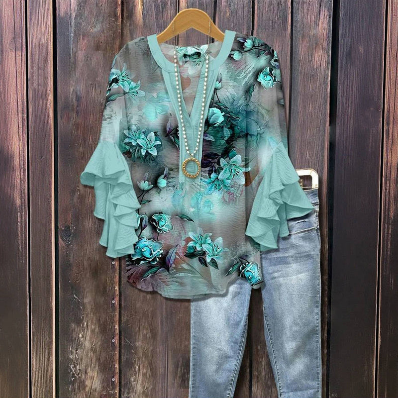 Vintage Bloemenprint Blouse blauw