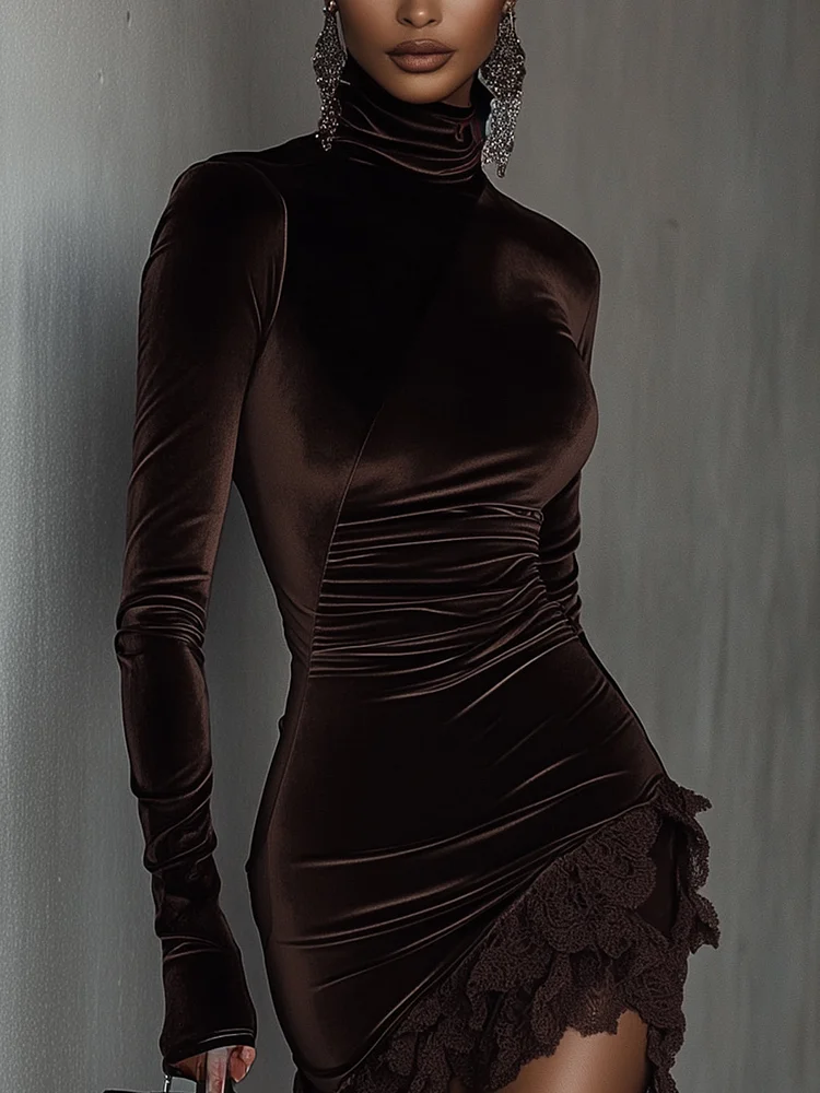 Giulia | Abito Mini Fitted in Velluto Cioccolato con Bordo in Pizzo