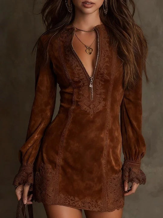 Giulia | Abito Mini Scamosciato con Pizzo